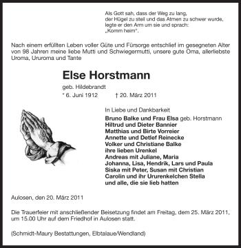 Traueranzeige von Else Horstmann von ALLGEMEINE ZEITUNG UELZEN