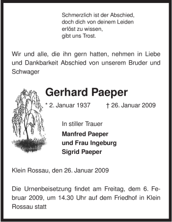 Traueranzeige von Gerhard Paeper von ALLGEMEINE ZEITUNG UELZEN