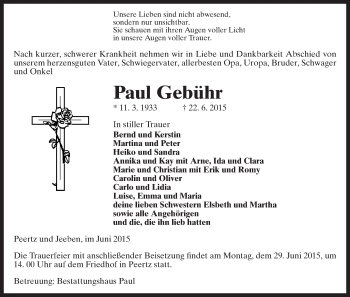 Traueranzeige von Paul Gebühr von Uelzen