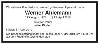 Traueranzeige von Werner Ahlemann von ALLGEMEINE ZEITUNG UELZEN