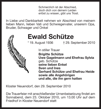 Traueranzeige von Ewald Schütze von ALLGEMEINE ZEITUNG UELZEN