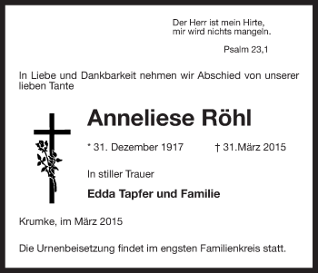 Traueranzeige von Anneliese Röhl von Uelzen