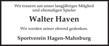 Traueranzeige von Walter Haven von ALLGEMEINE ZEITUNG UELZEN