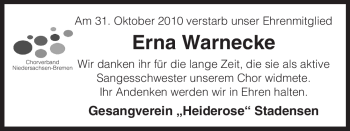 Traueranzeige von Erna Warnecke, von ALLGEMEINE ZEITUNG UELZEN