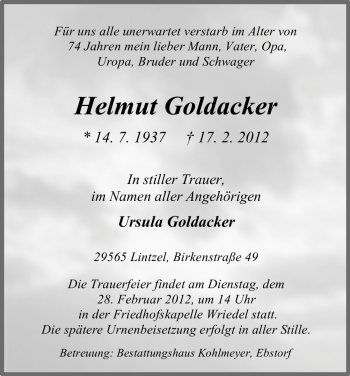 Traueranzeige von Helmut Goldacker von ALLGEMEINE ZEITUNG UELZEN