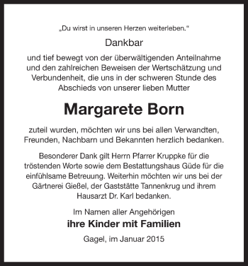 Traueranzeige von Margarete Born von Uelzen