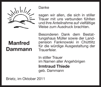 Traueranzeige von Manfred Dammann von ALLGEMEINE ZEITUNG UELZEN