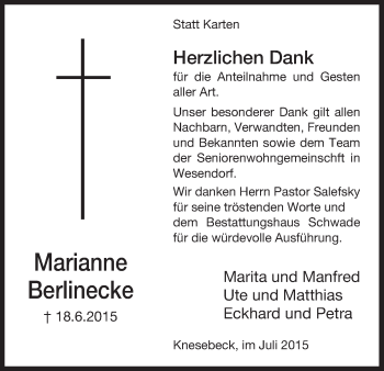 Traueranzeige von Marianne Berlinecke von Uelzen