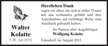 Traueranzeige von Walter Kolatte von ALLGEMEINE ZEITUNG UELZEN