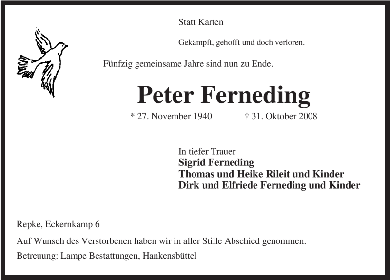  Traueranzeige für Peter Ferneding vom 03.11.2008 aus ALLGEMEINE ZEITUNG UELZEN