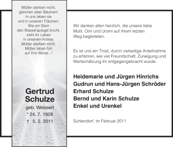 Traueranzeige von Gertrud Schulze von ALLGEMEINE ZEITUNG UELZEN