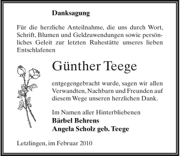 Traueranzeige von Günther Teege von ALLGEMEINE ZEITUNG UELZEN