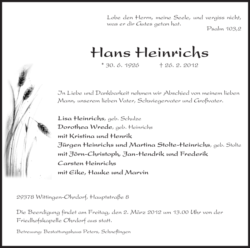  Traueranzeige für Hans Heinrichs vom 28.02.2012 aus ALLGEMEINE ZEITUNG UELZEN