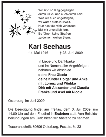 Traueranzeige von Karl Seehaus von ALLGEMEINE ZEITUNG UELZEN
