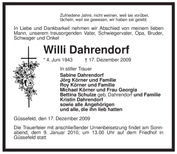 Traueranzeige von Willi Dahrendorf von ALLGEMEINE ZEITUNG UELZEN