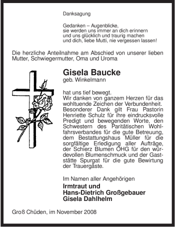 Traueranzeige von Gisela Baucke von ALLGEMEINE ZEITUNG UELZEN