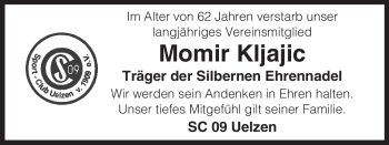 Traueranzeige von Momir Kljajic von ALLGEMEINE ZEITUNG UELZEN