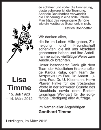 Traueranzeige von Lisa Timme von ALLGEMEINE ZEITUNG UELZEN