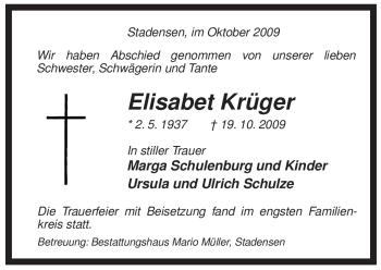 Traueranzeige von Elisabet Krüger von ALLGEMEINE ZEITUNG UELZEN