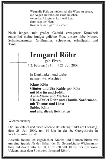 Traueranzeige von Irmgard Röhr von ALLGEMEINE ZEITUNG UELZEN