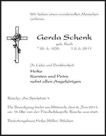 Traueranzeige von Gerda Schenk von ALLGEMEINE ZEITUNG UELZEN