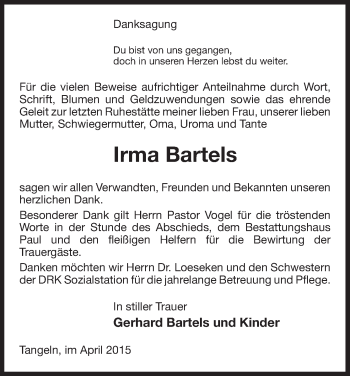 Traueranzeige von Irma Bartels von Uelzen