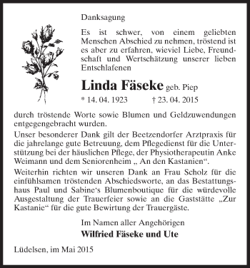 Traueranzeige von Linda Fäseke von Uelzen