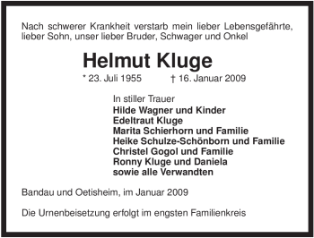 Traueranzeige von Helmut Kluge von ALLGEMEINE ZEITUNG UELZEN