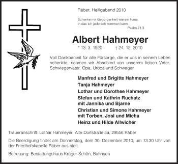 Traueranzeige von Albert Hahmeyer von ALLGEMEINE ZEITUNG UELZEN