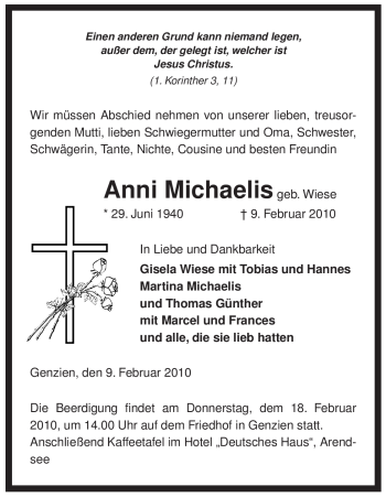 Traueranzeige von Anni Michaelis von ALLGEMEINE ZEITUNG UELZEN