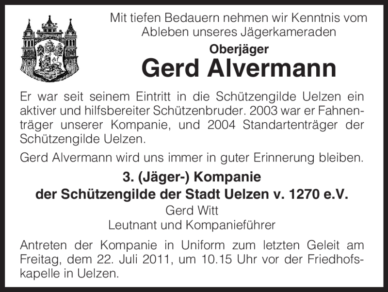  Traueranzeige für Gerd Alvermann vom 21.07.2011 aus ALLGEMEINE ZEITUNG UELZEN