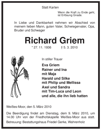 Traueranzeige von Richard Griem von ALLGEMEINE ZEITUNG UELZEN