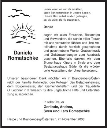 Traueranzeige von Daniela Romatschke von ALLGEMEINE ZEITUNG UELZEN