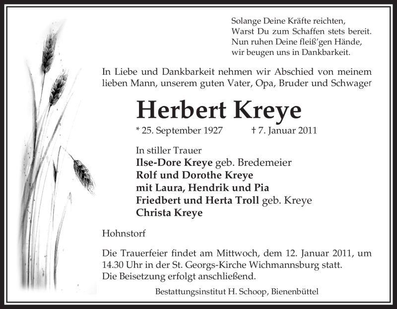  Traueranzeige für Herbert Kreye vom 10.01.2011 aus ALLGEMEINE ZEITUNG UELZEN