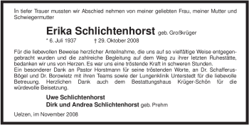Traueranzeige von Erika Schlichtenhorst von ALLGEMEINE ZEITUNG UELZEN