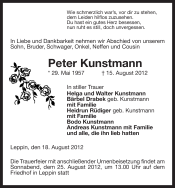 Traueranzeige von Peter Kunstmann von ALLGEMEINE ZEITUNG UELZEN