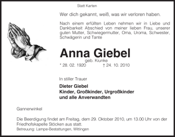 Traueranzeige von Anna Giebel von ALLGEMEINE ZEITUNG UELZEN