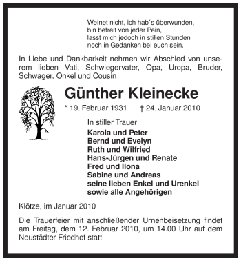 Traueranzeige von Günther Kleinecke von ALLGEMEINE ZEITUNG UELZEN