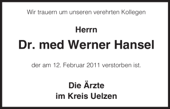 Traueranzeige von Werner Hansel von ALLGEMEINE ZEITUNG UELZEN