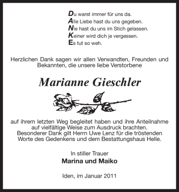 Traueranzeige von Marianne Gieschler von ALLGEMEINE ZEITUNG UELZEN