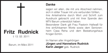 Traueranzeige von Fritz Rudnick von ALLGEMEINE ZEITUNG UELZEN
