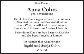 Traueranzeige von Anna Cohrs von ALLGEMEINE ZEITUNG UELZEN