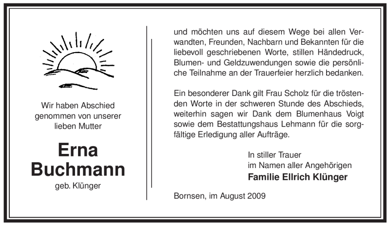  Traueranzeige für Erna Buchmann vom 15.08.2009 aus ALLGEMEINE ZEITUNG UELZEN