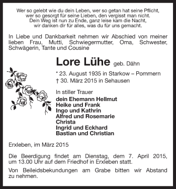 Traueranzeige von Lore Lühne von Uelzen