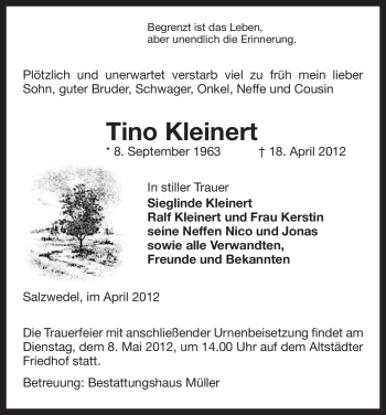 Traueranzeige von Tino Kleinert von ALLGEMEINE ZEITUNG UELZEN