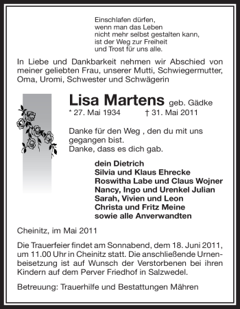 Traueranzeige von Lisa Martens von ALLGEMEINE ZEITUNG UELZEN