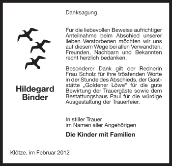 Traueranzeige von Hildegard Binder von ALLGEMEINE ZEITUNG UELZEN