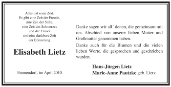 Traueranzeige von Elisabeth Lietz von ALLGEMEINE ZEITUNG UELZEN