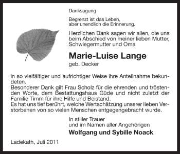 Traueranzeige von Marie-Luise Lange von ALLGEMEINE ZEITUNG UELZEN