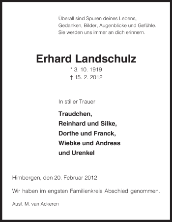 Traueranzeige von Erhard Landschulz von ALLGEMEINE ZEITUNG UELZEN
